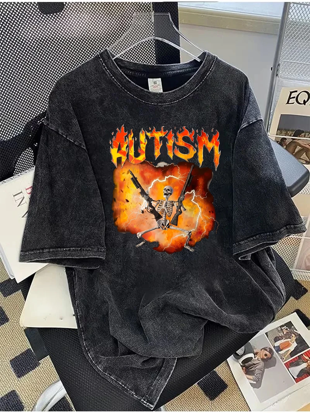 Hardcore Autism Skeleton T-Shirt Washed Cotton Flame Skull Graphic Tee Retro Acid Wash Short Sleeve Harajuku Style Streetwear