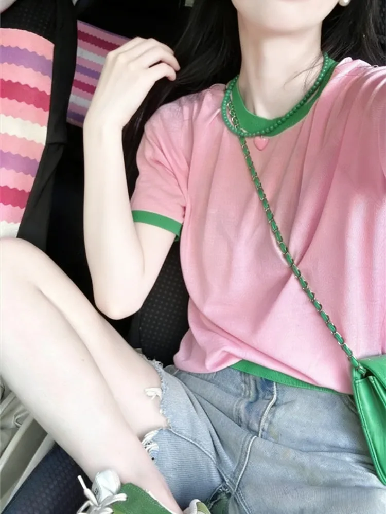 Dopamine Pink round Neck Ice Silk Knitted Short Sleeve T-Shirt Women's Thin Top Outlet Guangzhou Thirteenth Factory Commute S...