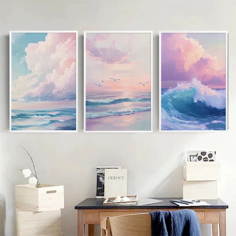 Pink Pastel Ocean Scene Poster Colorful Coastal Sunset Cloud Beach Waves Canvas Painting Wall Art for Living Room Home Decor
