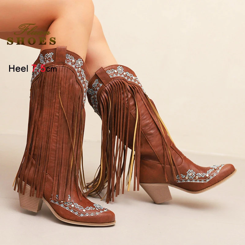 

Женские ковбойские сапоги в стиле ретро с кисточками и вышивкой, зимние крутые женские туфли на массивном высоком каблуке с круглым носком, коричневые высокие сапоги 7,5 см
