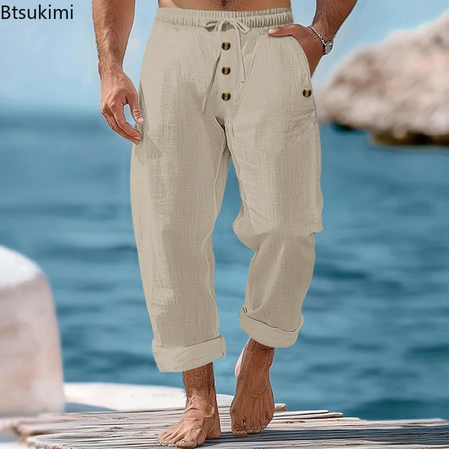 2025 Spring Summer New Men's Beach Pants Solid Color Linen Loose Drawstring Button Sweatpants Breathable Casual Trousers for Men