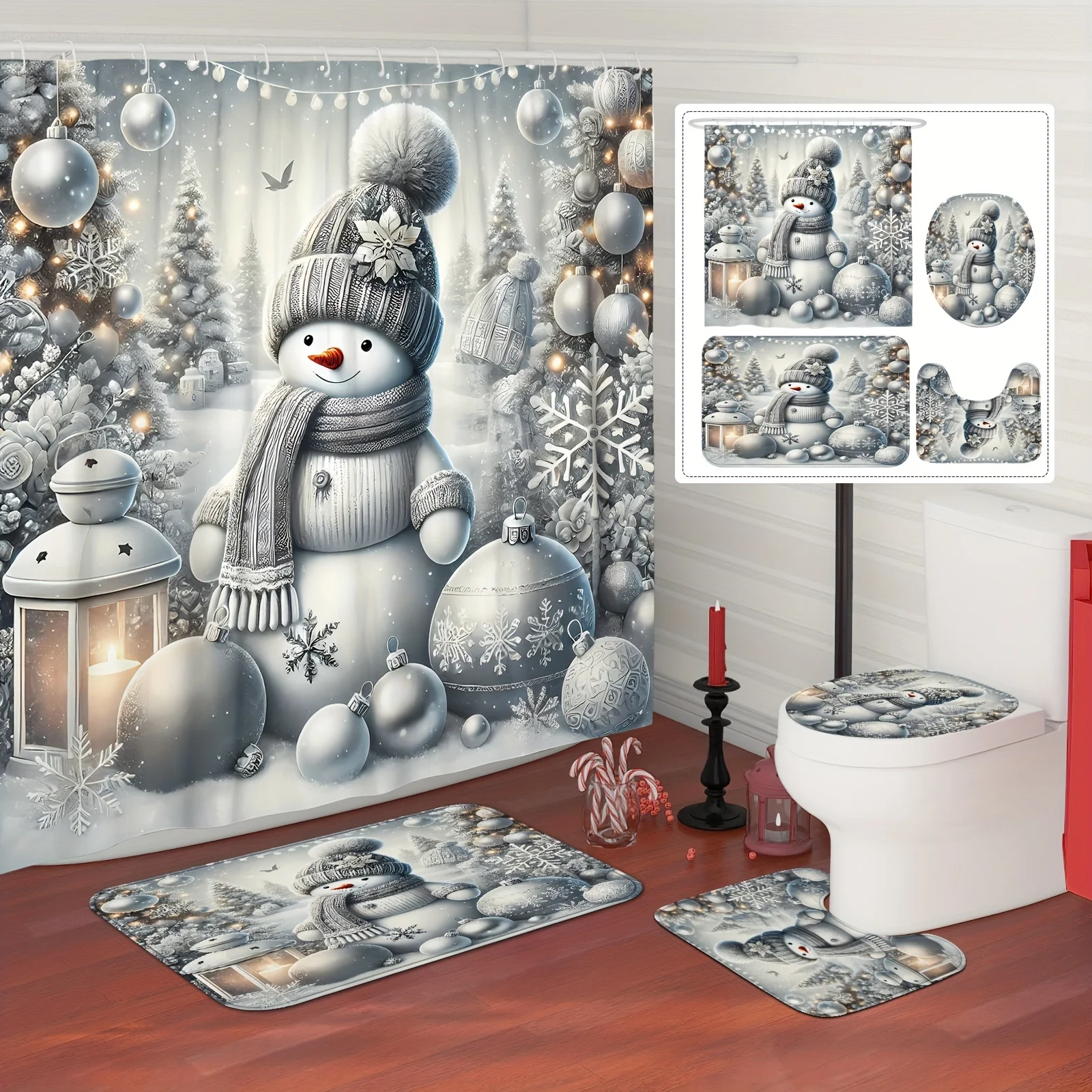 4Pcs Xmas Winter Snowman Snowflake Ball Bath Set, Silver Shower Curtain & Mat, 12 Hooks, Non-Slip U-Shaped Toilet Cover