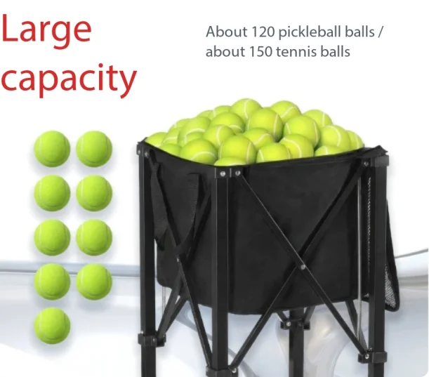 Foldable Ball Cart for Tennis, Pickleball, Badminton & Softball – 360° Wheeled Large Capacity Carrier with Storage Bag