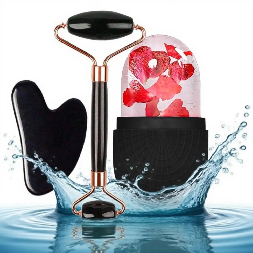 3 pçs silicone gelo rosto rolo conjunto de resfriamento e endurecimento face lifting gua sha placa rolo gelo cuidados com a pele ferramenta limpeza facial