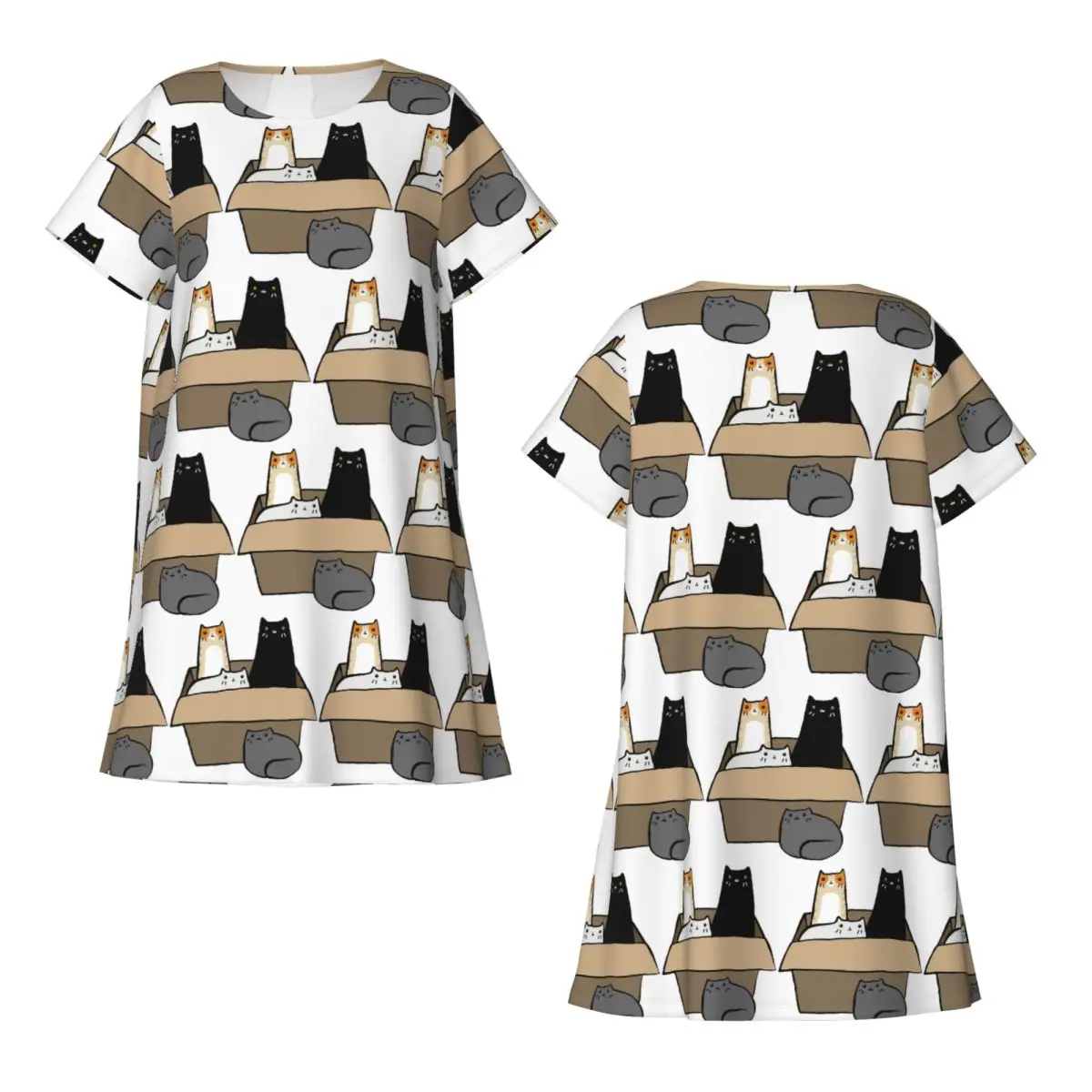

Custom Cats In A Box Short Sleeves Nightdress For Sleeping Sleepshirts Women Short Sleeve Nightgowns Loose Pajama Dress