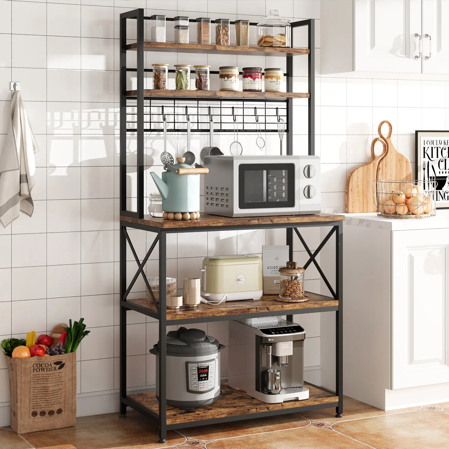 Küchen-Bäckerregal mit Mikrowellenständer - Metallrahmen, Holzplatten, Industrielle Kaffeebar-Station - Praktische Offene Aufbewahrungsregale für Küche, Esszimmer und Wohnzimmer