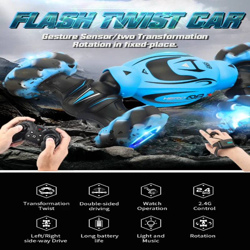 

One Key Twist Remote Control RC Twist Car 2.4G 4WD 30KM/H Stunt Car Toy With Music Dancing Flash Light Gesture Induction Drift