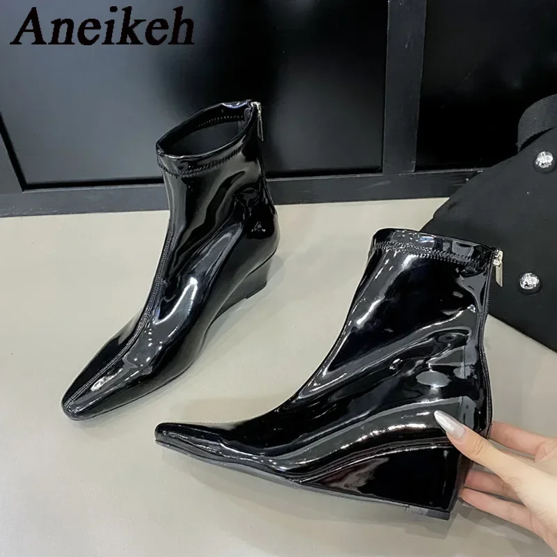 Aneikeh NEW Autumn Patent Leather Mid-Calf Boots Solid Women Shoes Wedding Pointed Toe Wedges Leisure Women Boots Shallow ZIP