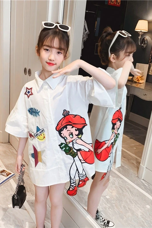 Sequins Kids girls Shirts dress Teenagers Summer Tops Long Shirts for Girls 2023 Teen White Blouse 6 8 10 12 14 Years Clothes