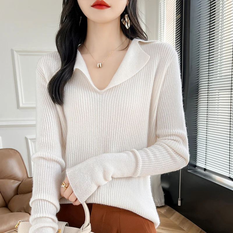 

100% Merino Wool Sweater Turn-down Collar Casual Solid Color Design Cashmere Pullover Long Sleeves Fashion Basic Clothing Top
