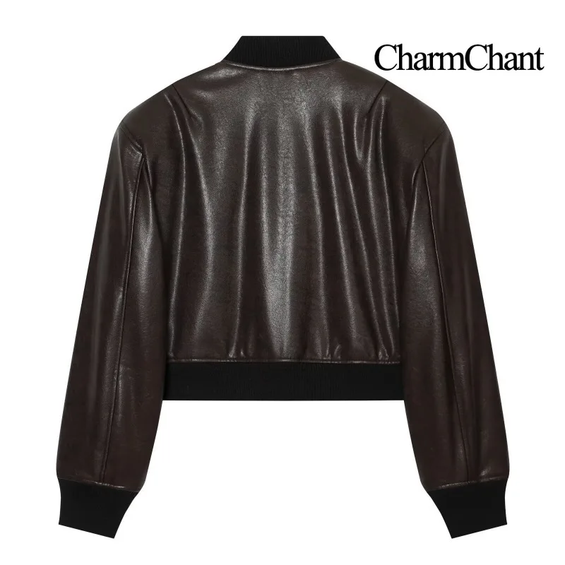CHARMCHANT Womens Faux Leather Bomber Jacket Ribbed Stand Collar Zip Up Drop Shoulder Cropped Oversized Slant Pockets Fall 2026