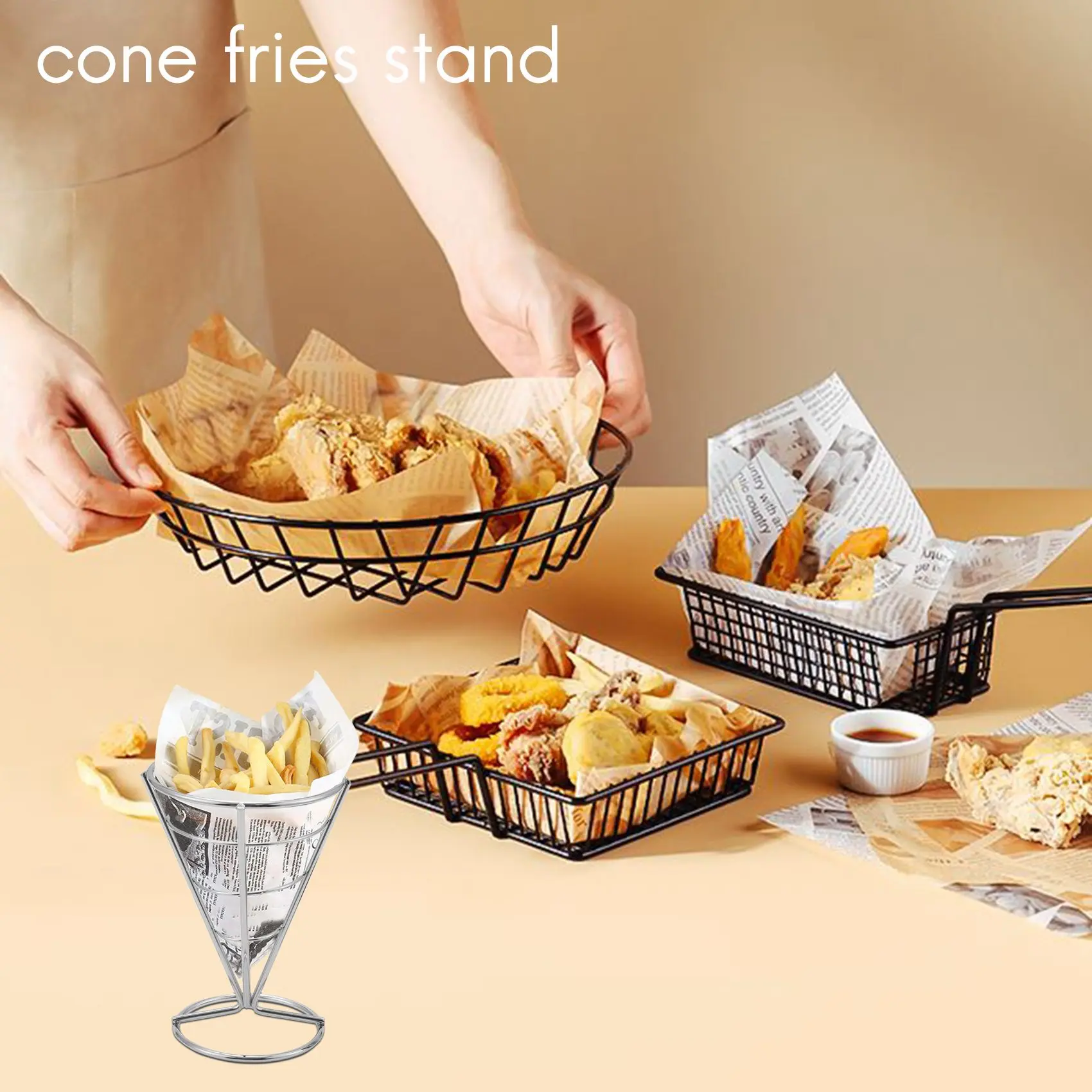 Batatas fritas Stand Cone Basket, Fry Holder com Dip Dishe Cone Snack, frango frito Display Rack, comida prateleiras tigela, 4 pcs