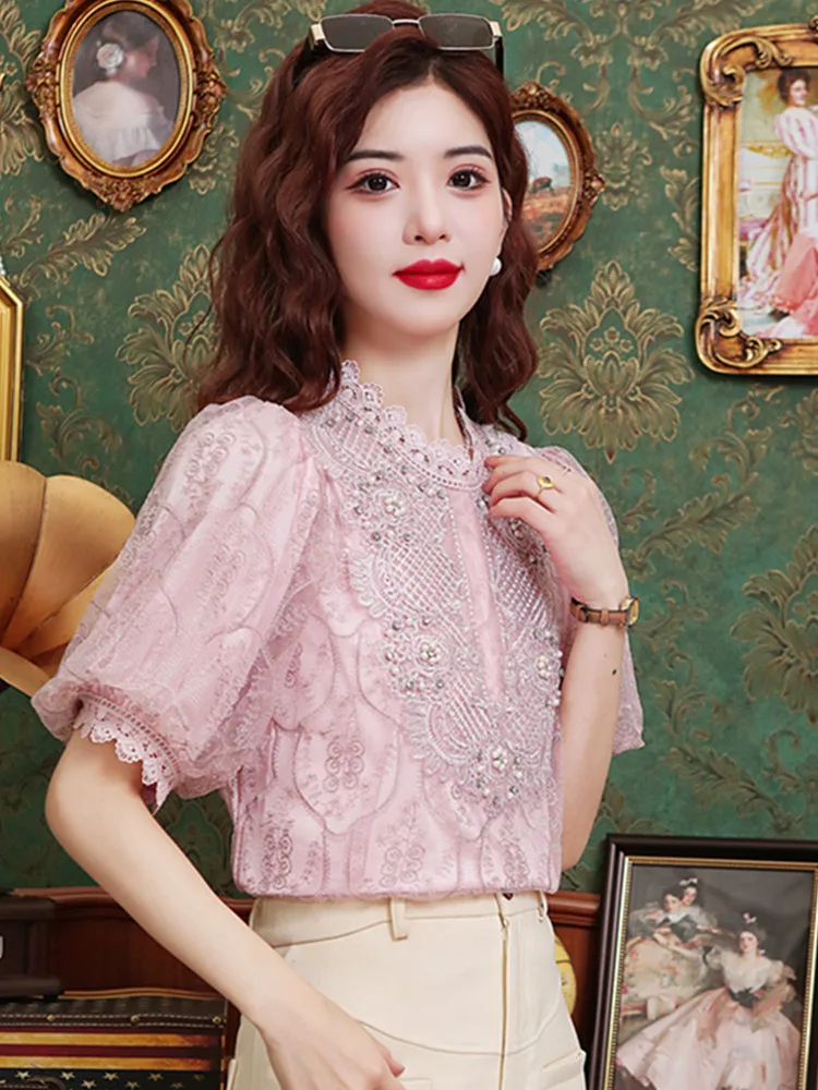 SMTHMA New Fashion Temperament Lace Spliced Beaded Shirt For Women Short Sleeve Elegant Tops Female Clothing