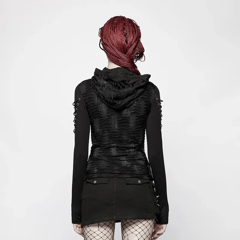 PUNK RAVE New Gothic Style Rock Fashion Double Layers Irregular Hooded Casual Black Punk Novelty Long Sleeve Women Dark T-Shirt