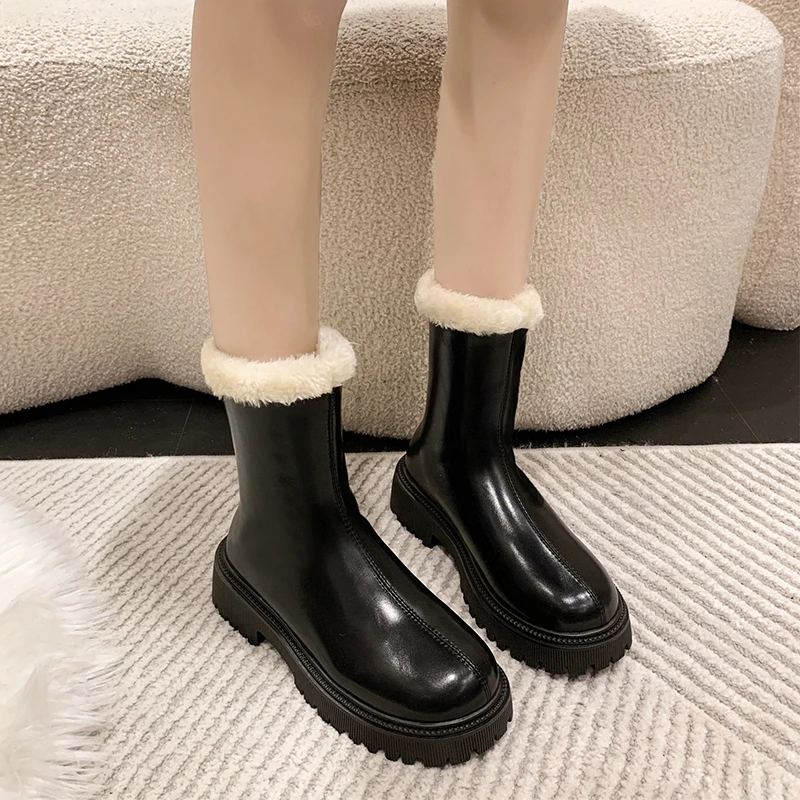 Shoes for Women 2023 New Slip on Women's Boots Winter Plush Warm Round Toe Solid Comfortable Mid Heel Water Proof Shoes Women