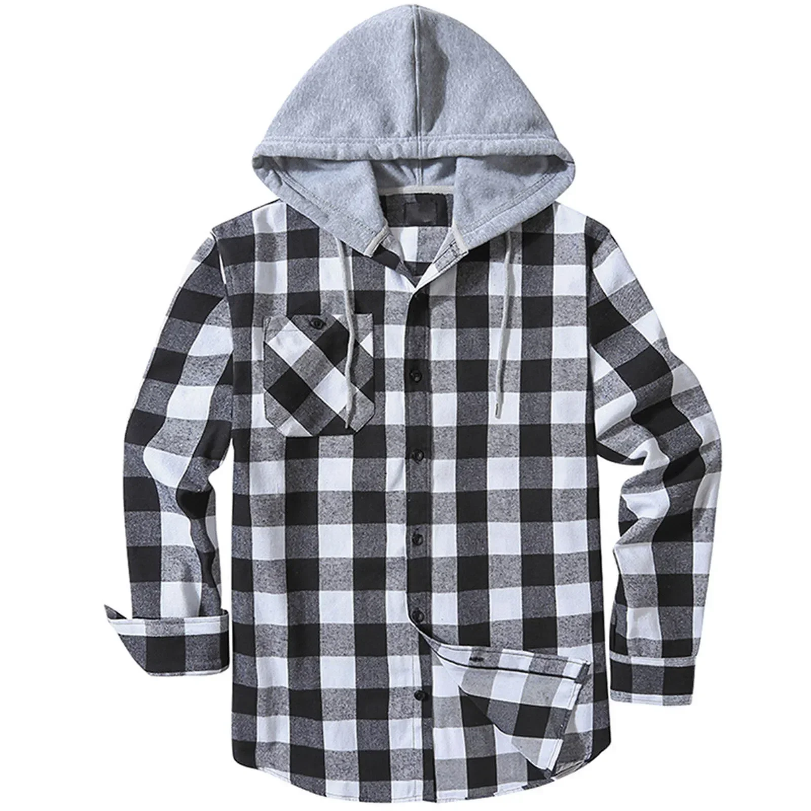 Spring Autumn Men\'s Hooded Shirts Classic Plaid Casual Button Down Hoodies Long Sleeve Double Pockets Shirts Flannel Jacket Tops