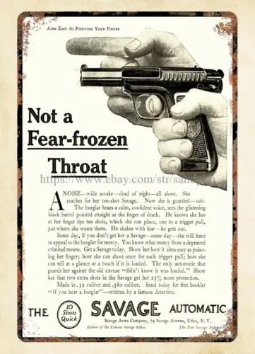 1914 fiream Savage Automatic Caliber Automatic Pistols gun metal tin sign