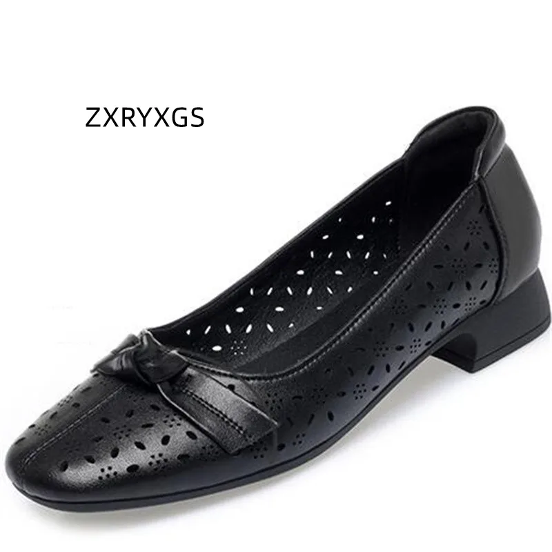 

ZXRYXGS Breathable Hole Shoes Spring Summer Genuine Leather Shoes Sandals 2023 New Sweet Bow Women Fashion Comfort Low Heel Shoe