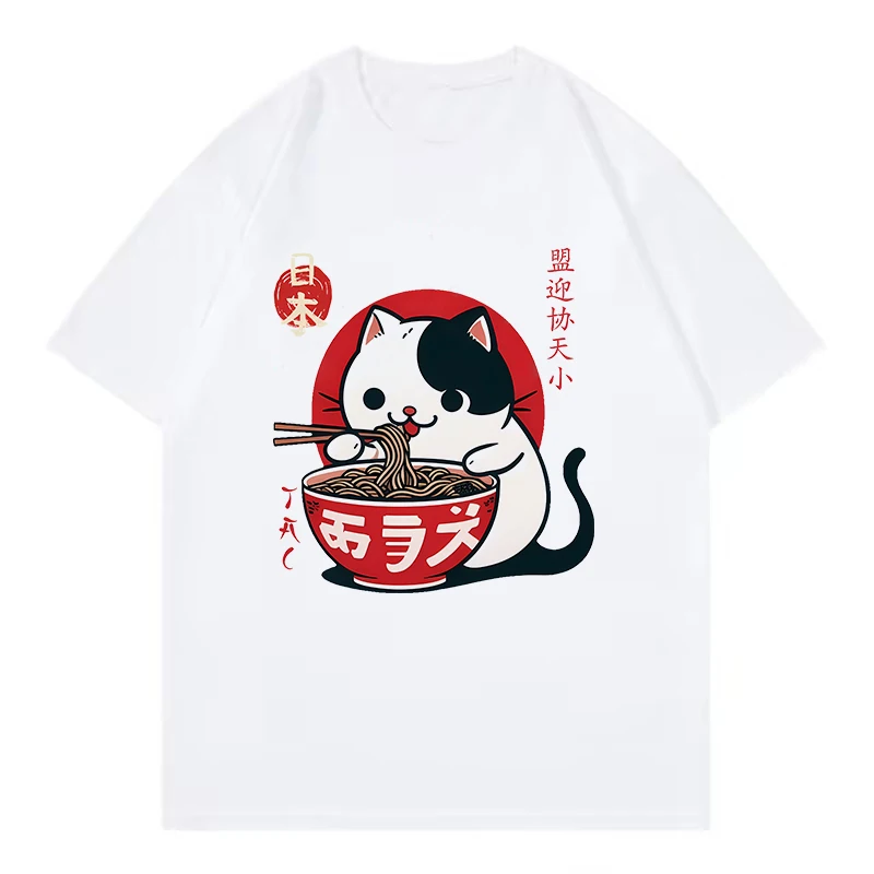 Loose Funny Japanese Cat Eat Ramen T Shirts Men Women Cat T-shirt Round Neck Short Sleeve Trendy Tee Shirt Streetwear