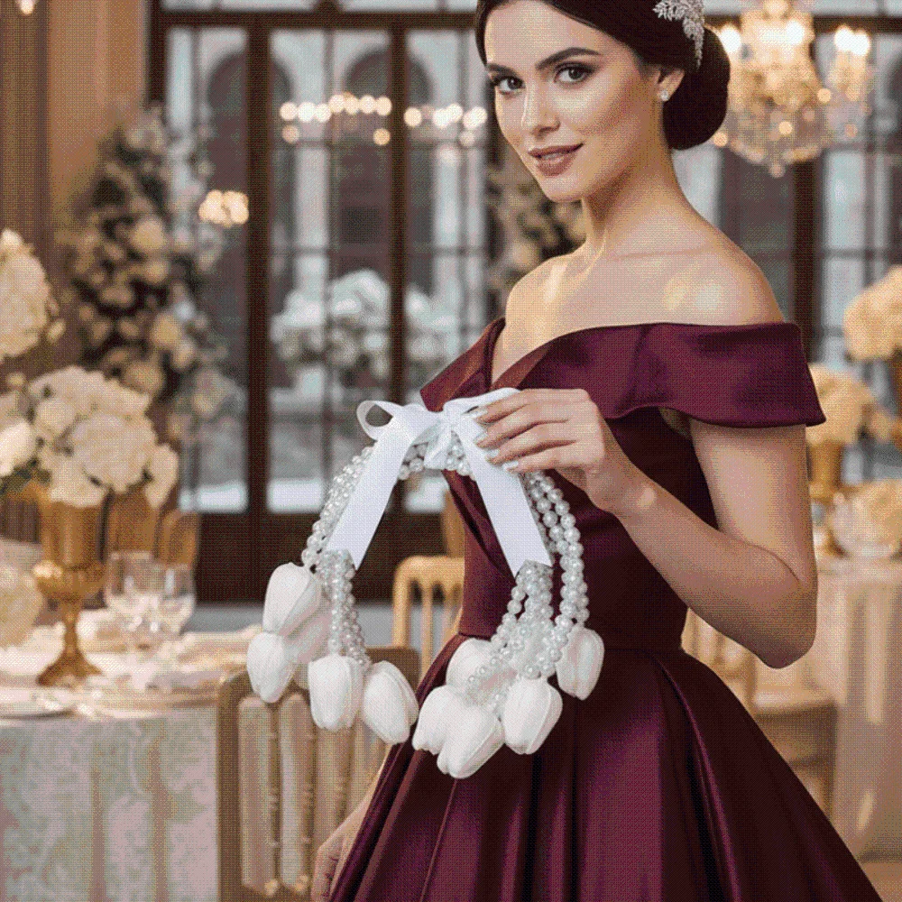 Pearl Handle Bridal Bouquet Satin Ribbon White Blossom Wedding Flowers Artificial Silk Lightweight Carry Top Handle Bouquet