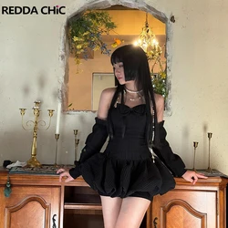 REDDACHiC Bow Corset Mini Evening Dress Women Solid Black Long Sleeves Waffle Ribbon Bud Puffy One-piece Vintage Party Tutu Gown