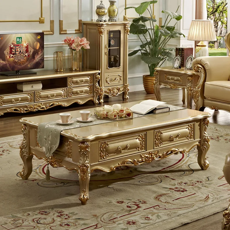 Solid wood coffee table TV cabinet combination, marble, large and small apartment, living room luxury floor cabinet,