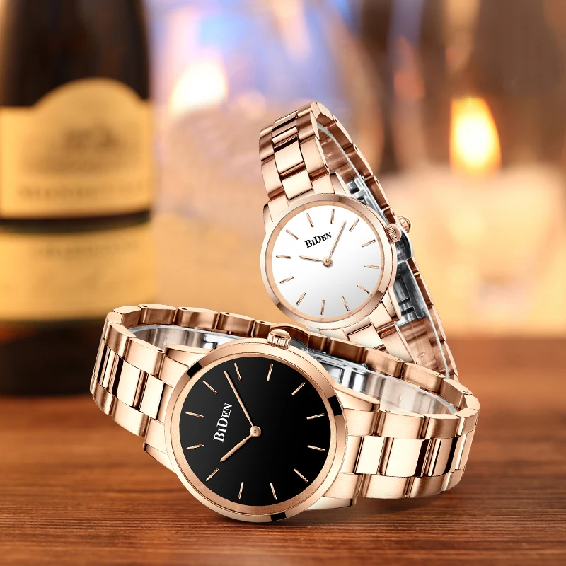 BIDEN 2PCS Couple Watch Men's High end Business Watch Fashion Stainless Steel Strap Simulated Women's Quartz Watch Free Gift Box