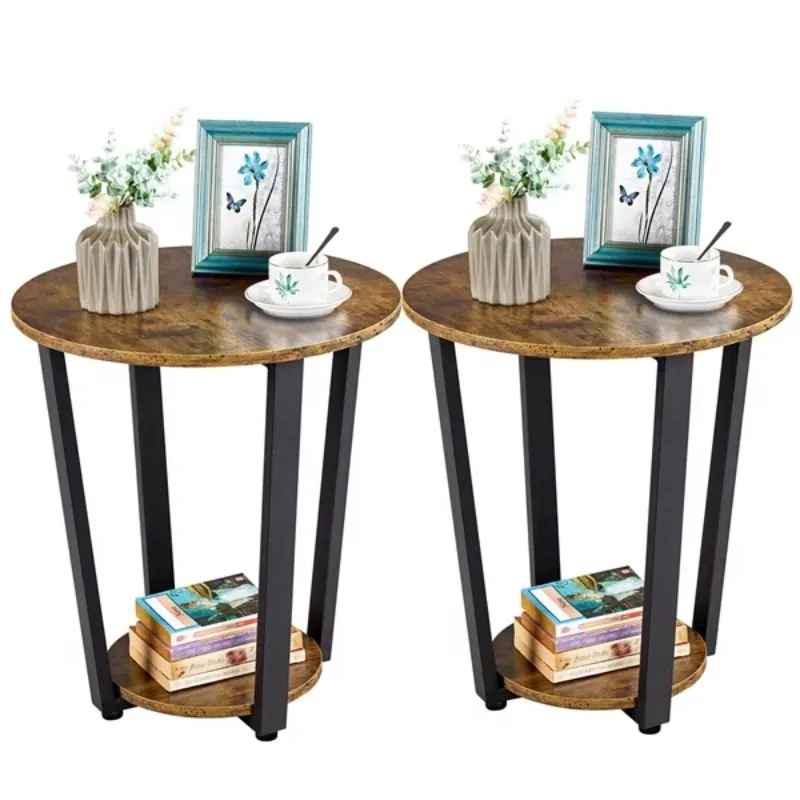 

2Pcs Round Wooden Side End Tables, Rustic Brown, console table for living room living room table