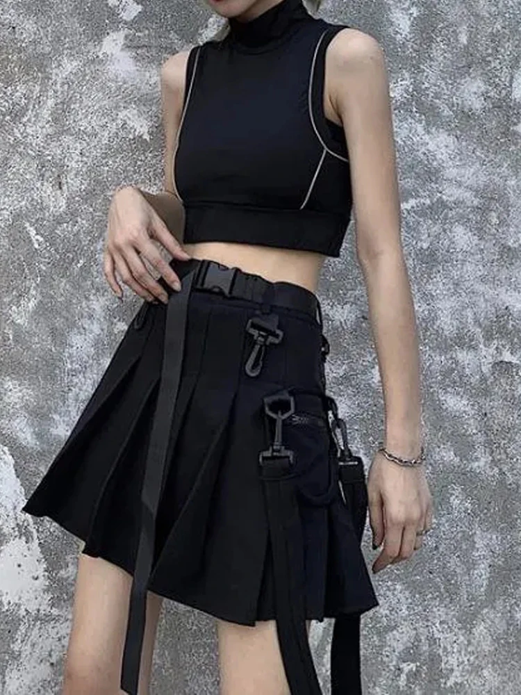 QWEEK Techwear Black Cargo Skirts Women Harajuku Gothic Grunge High Waist Mini Pleated Skirt Female Cyber Punk Egirl Uniform