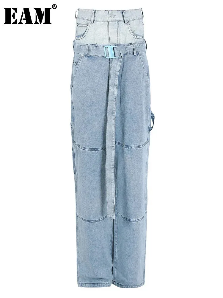 [EAM] High Waist Spliced Denim Belt Personality Wide Leg Jeans New Women Trousers Fashion Tide Spring Autumn 2024 LM092105