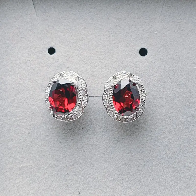 6mm*8mm Total 2.5ct Real Natural Garnet Earrings 925 Silver Gemstones silver stud earrings for office lady