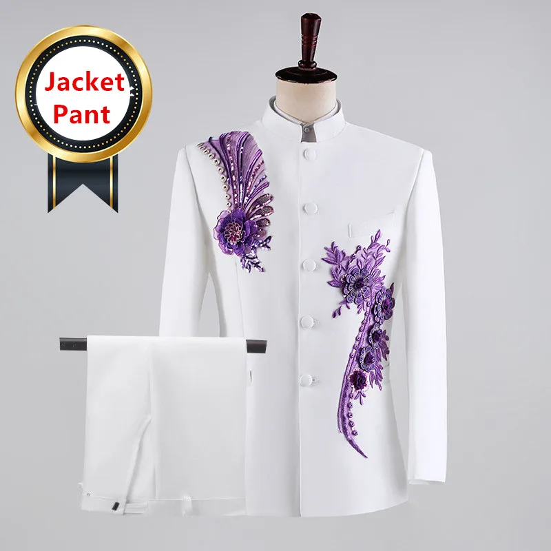 (سترة + بنطلون) أزياء الرجال مرحلة الأداء فستان الدعاوى 2025 جديد الذكور النمط الصيني الوقوف طوق ملصق مائي السترة وبنطلون