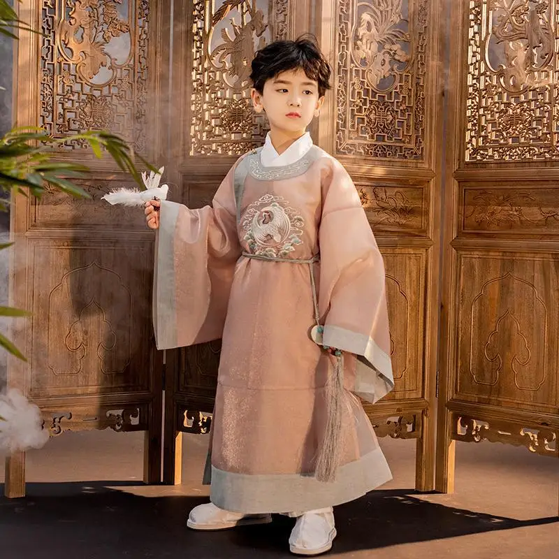 Winter Traditionellen Chinesischen Song-dynastie Rundhals Kran Bestickt Große Ärmeln Kinder Hanfu Robe Weihnachten Geschenke für Jungen