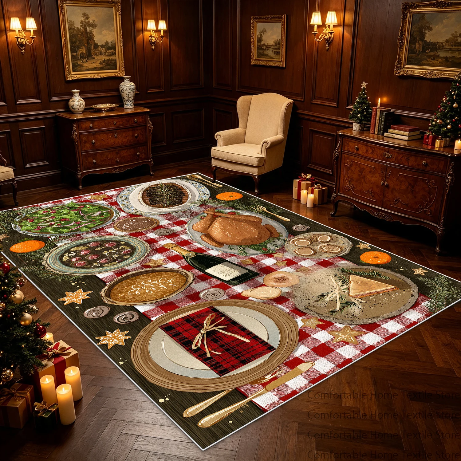 Christmas Thanksgiving Turkey Dinner Print Area Living Room Carpet Soft Short Velvet Dining Room Rug Washable Entrance Door Mat