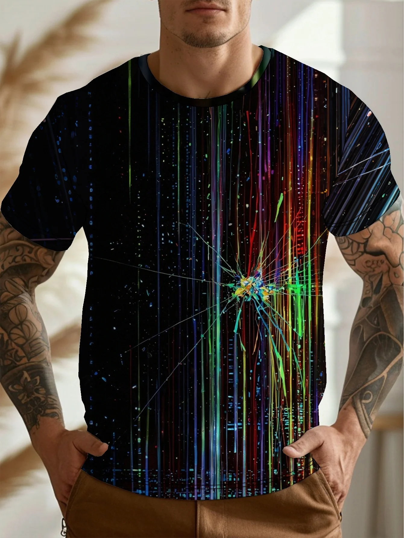 Men's O Neck Short Sleeve T Shirt 3D Colorful Line Broken Glass Digital Print Casual Streetwear Daily Tops