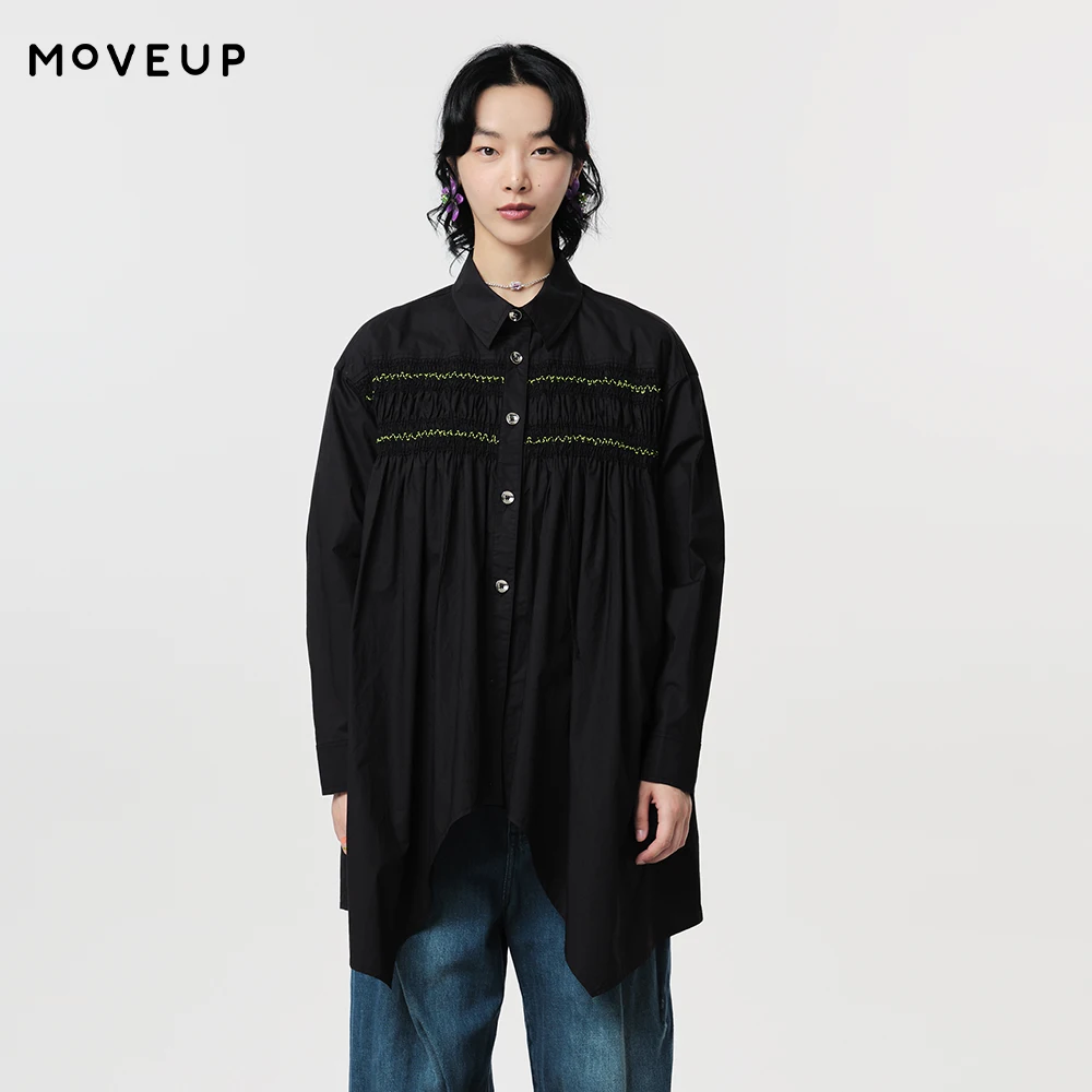 

MOVEUP Casual Long Sleeved Shirt 2026 Spring Pure Cotton Contrast Color Rope Irregular Hem Loose Shirt For Women 124120416