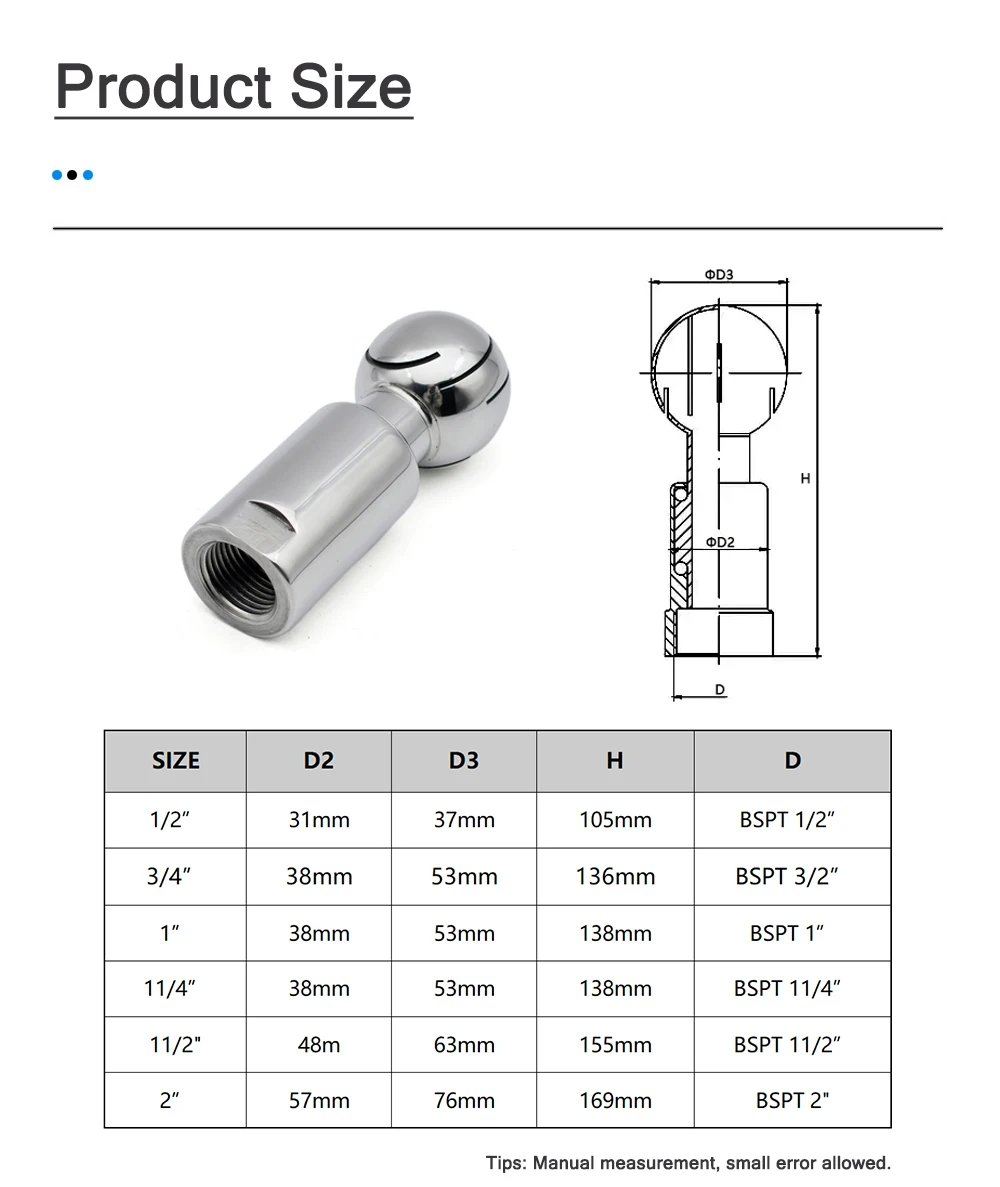 BSP 1/2"-2" SS304/316 Edelstahl Innengewinde Drehsprühkugel, CIP Tank Reinigungskopf 360-Grad-Abdeckung Waschanschluss – Detail 2