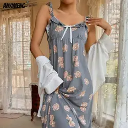 Retro Floral Grey Sexy Nightgown Casual Gowns for Lady Summer Milk Silk Elegant Women Nightdress Sleeveless Slip Dress for Girl