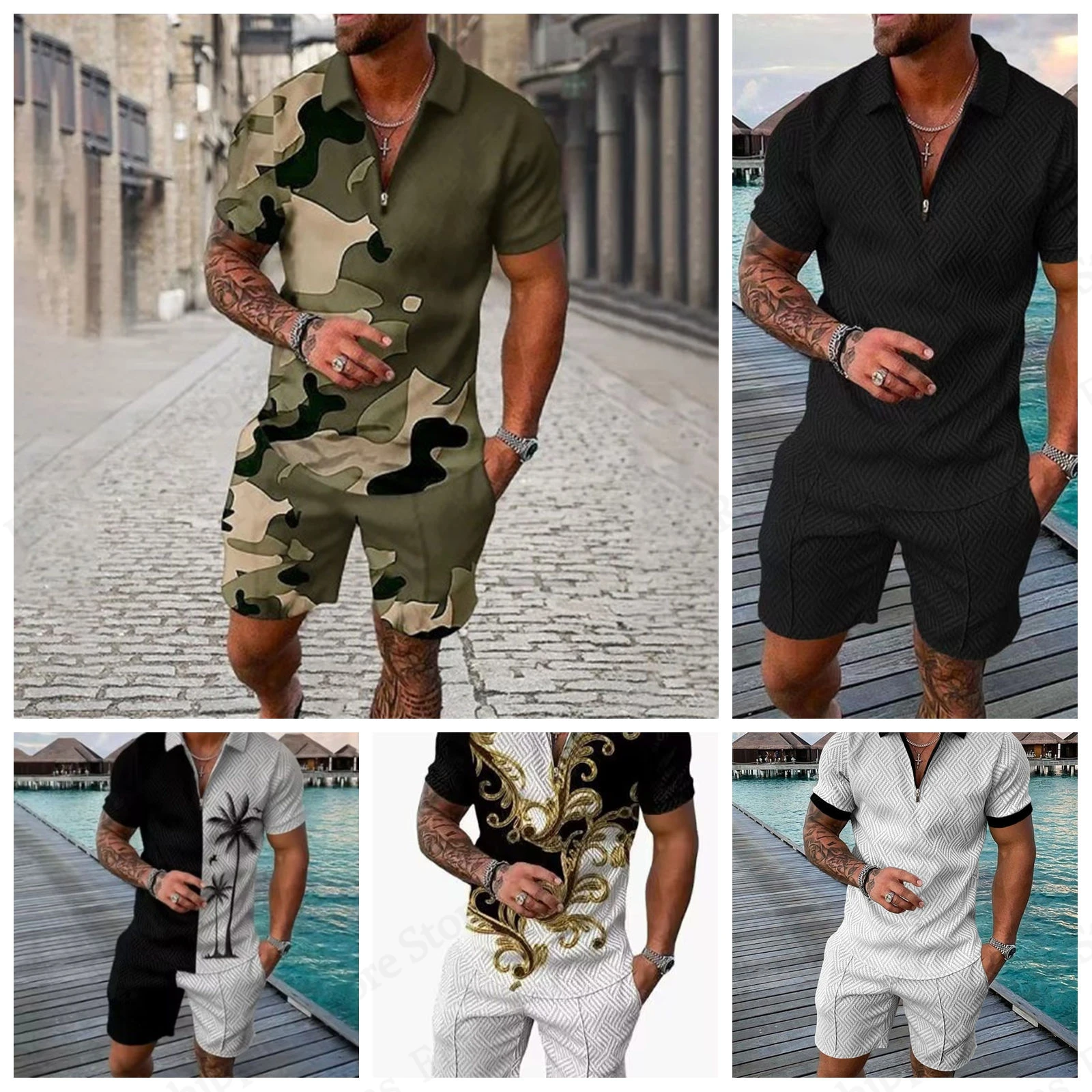 

Zip Polo Shirt Sets For Men Camouflage 3D Print Casual Zipper Polo Shirt+Short 2pcs Set Sports Outfit Men Tracksuit Suit Fitness