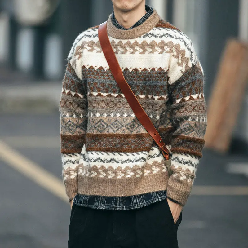 

Fashion Men's Knit Sweater Contrast Color Loose Pullover Round Collar Comfortable Harajuku Long Sleeve Male Autumn Winter X83