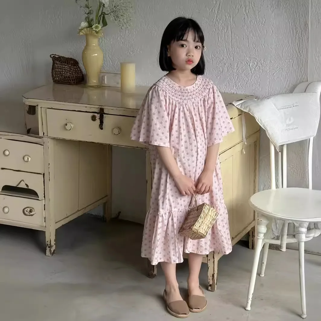 Girls Casual Dresses Summer Baby Korean Solid Color Long Princess Children Causal Short Sleeved 2024 Round Collar Fashion