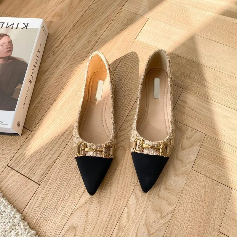

Chic Tweed Pointed - Toe Flats with Gold Buckle Detail: Effortless Everyday Footwear