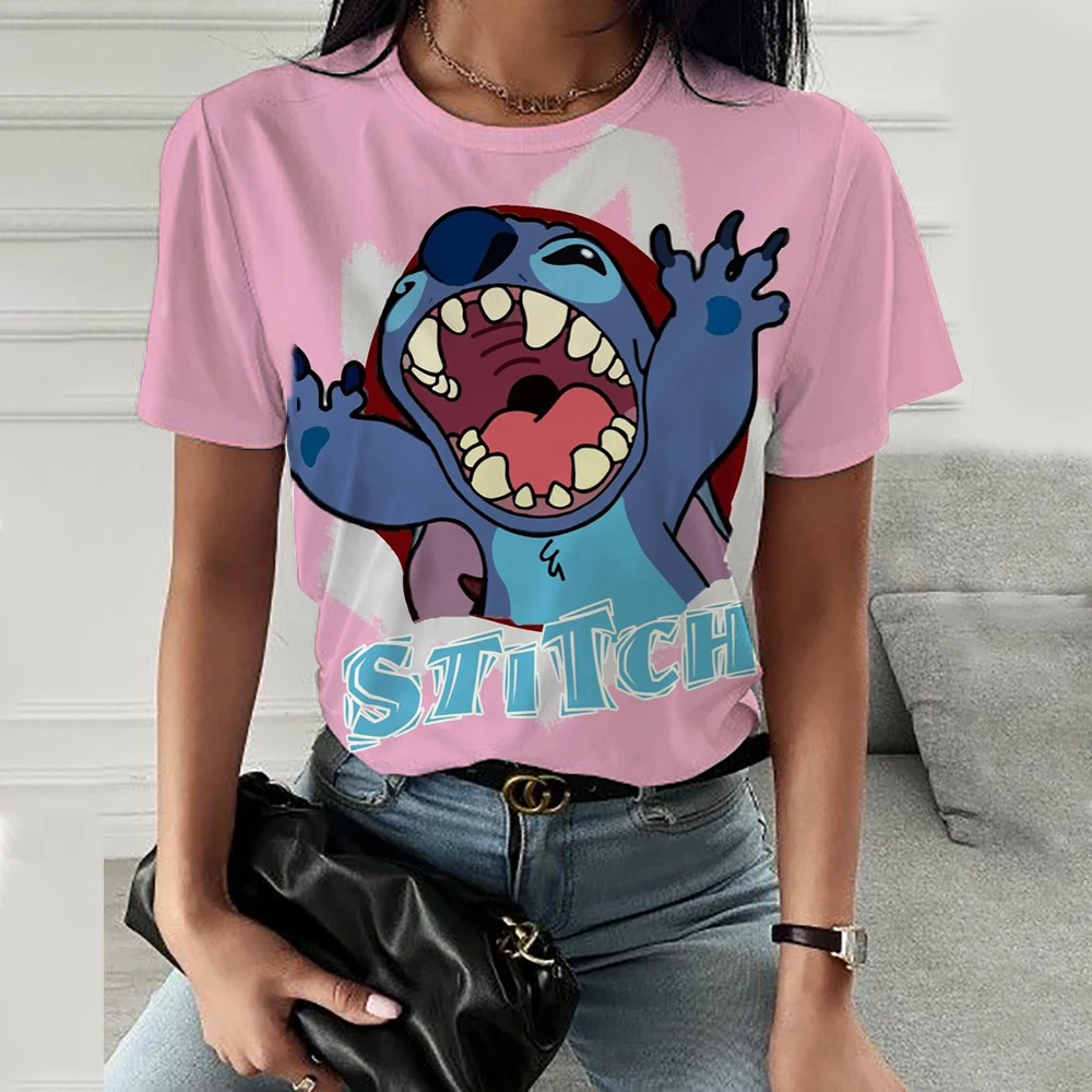 Camiseta informal de verano para mujer, jersey de manga corta con estampado de Stitch de Disney, Top holgado de cuello redondo de gran tamaño, 2024