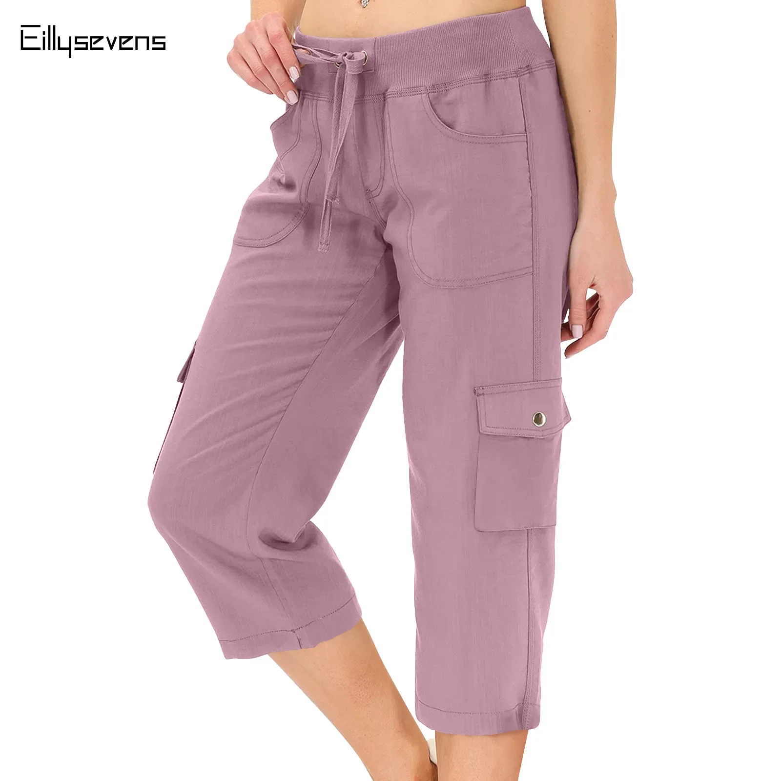 

Summer Cropped Pants Women's Cargo Pants Solid Jogger Multi-pocket Elastic Waist Sports Pants Streetwear Casual Capris