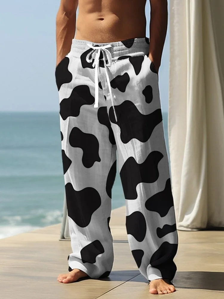 Pantalones largos para hombre, pantalón informal, holgado, de pierna ancha, con cintura elástica, para vacaciones, verano 2026, estampado de vaca, pantalones con cordón de gran tamaño