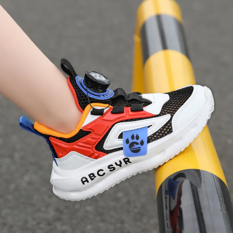 Boys Shoes 2024 Summer Single Mesh Breathable Medium and Big Boys Button Soft Sole Children's Sports Running Shoes