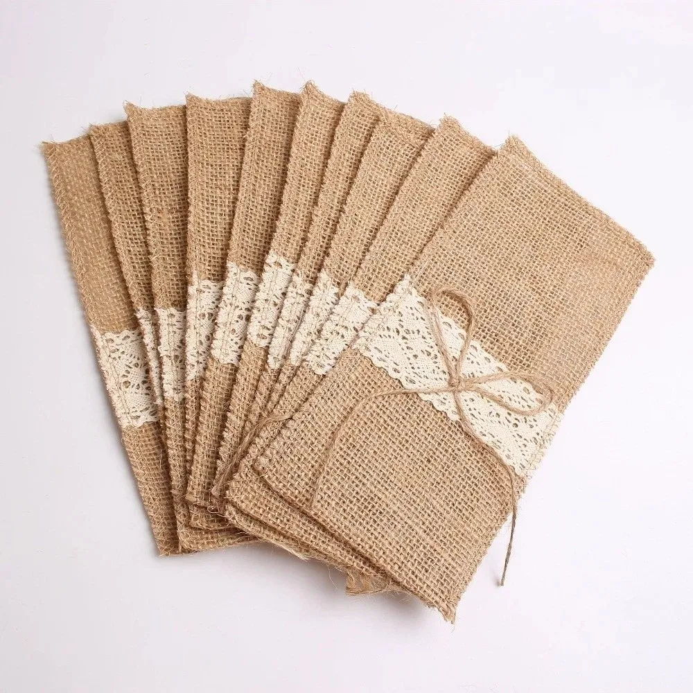 Portable Rustic Style Linen Lace Cutlery Bag Burlap Lace Fork Bag Decorative Chopsticks Sleeve Wedding Decor