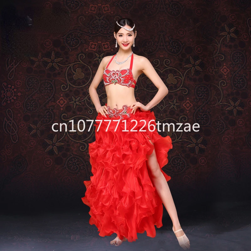 Belly Dance Costume Female Adult Diamond-Embedded Performance Set High Slit Wave Large Swing Skirt Performance Costume