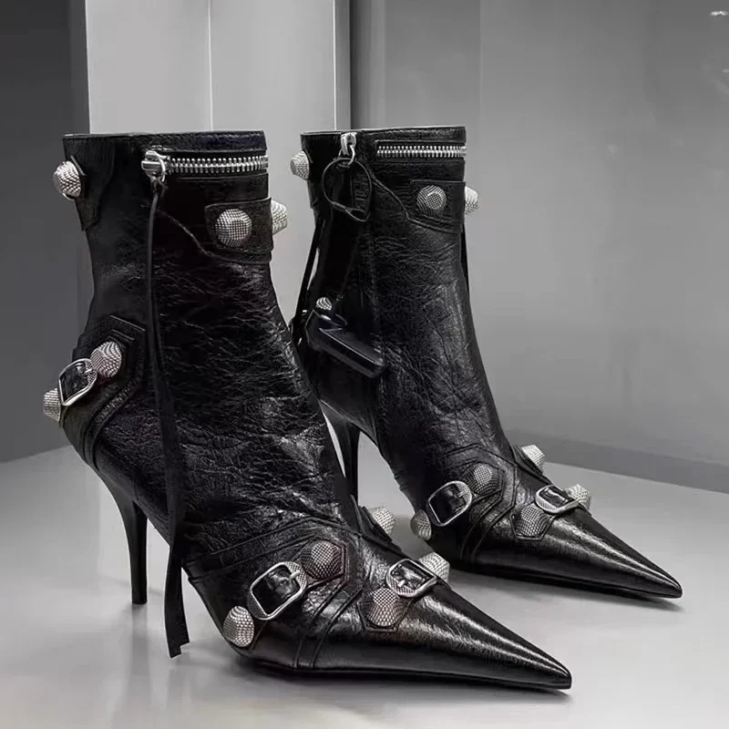 

High Thin Heeled Ankle Boots for Women Metal Decor Rivet Fringed Zip Ppinted Toed Motorcycle Lady Booties Women Shoes