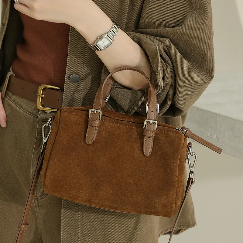 New 2026 Women's Genuine Leather Handbag Lady Messenger Shoulder Bags Natural Matte Suede Cow Leather Luxury Design Female Bag